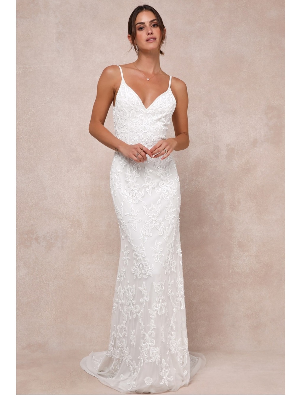 Lulus Everlasting Passion White Sequin Beaded Backless Maxi Wedding Dress Large